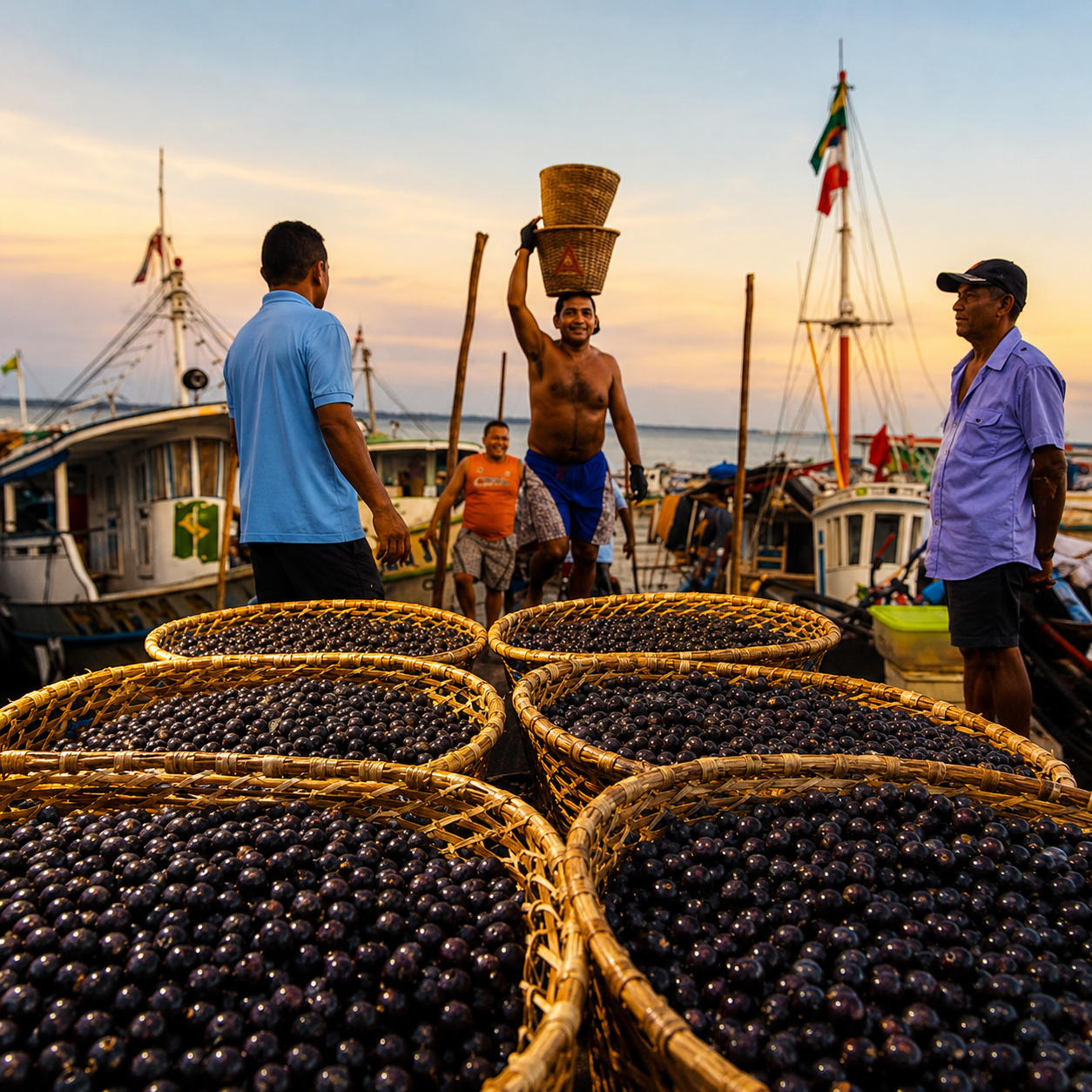 Açaí harvesters unloading baskets of fresh açaí at a river port in Pará, Brazil.